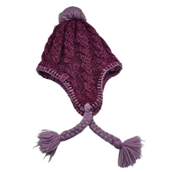 NORTH FACE Fuzzy Earflap Beanie Hat Pom pom top Purple Pink edging Winter Lined - Picture 1 of 5